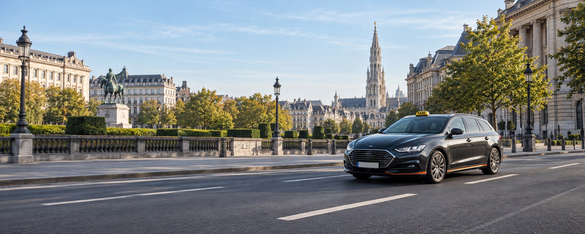 Taxi dans un paysage urbain inspiré de Bruxelles